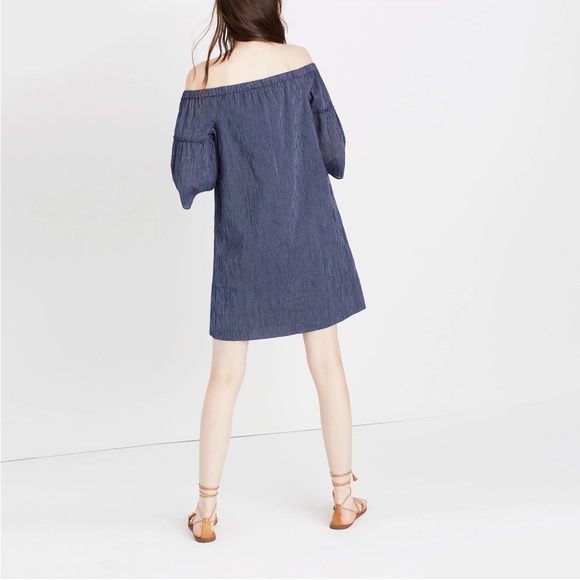 Madewell Off-the-Shoulder Bell-Sleeve Dress Navy Blue Pinstripe G3457 Size 6 - Picture 2 of 10